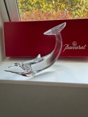 Baccarat Clear Crystal Dolphin Sculpture with Red Box Accent